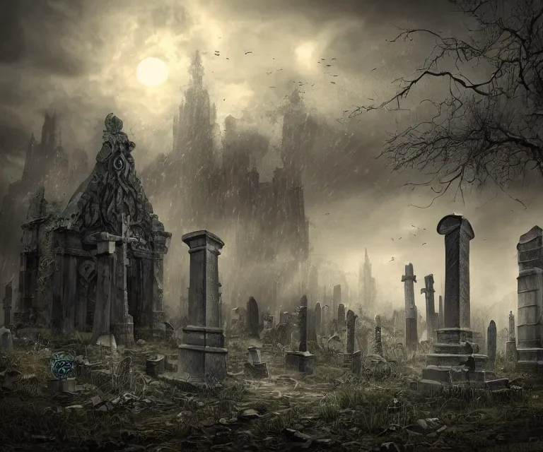 Prompt: a city of tombs and tombstones, graveyard landscape, ghostly spirits, giant grave structures, giant tomb structures, dark fantasy, digital art, fantasy art