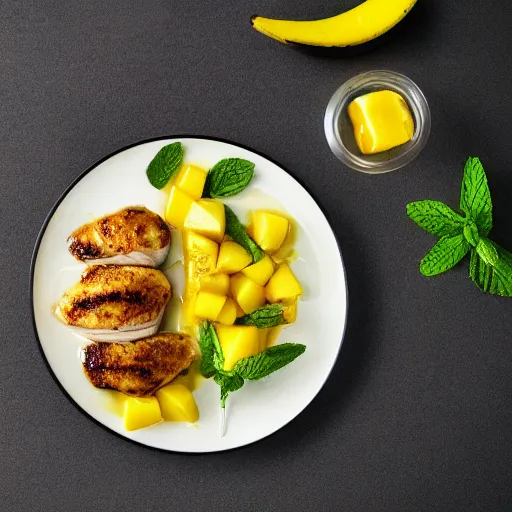 Image similar to a photo of michelin star graded gourmet plate of chicken fillet with mango and mint sauce, high detail, professional photograph, decorations