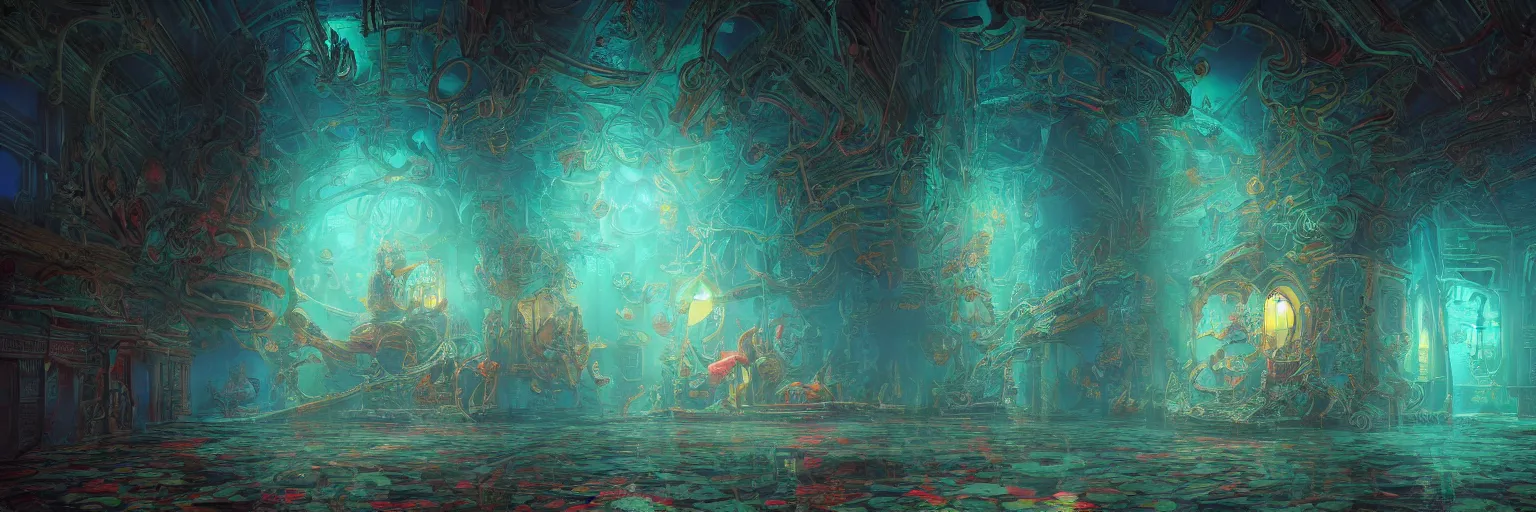 Image similar to A beautiful render of a pastiche, floating among stars, influenced by Yoshitaka Amano and ilya repin and ted nasmith, mysterious, glowing neon blue teal red green colors in the walls of portal, insanely detailed and intricate, octane render, volumetric lighting, high contrast, ultraviolet and neon colors, trending on Artstation, 4K