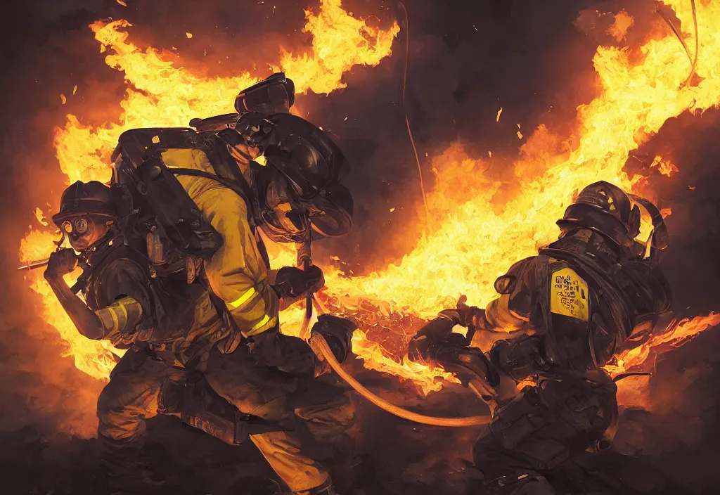 Prompt: heroic firefighter in action in black and yellow uniform, fire flames, sharp details, sharp focus, elegant, highly detailed, illustration, by jordan grimmer and greg rutkowski and pine ( ハイネ ) and 薯 子 imoko and 香 川 悠 作 and wlop and maya takamura, intricate