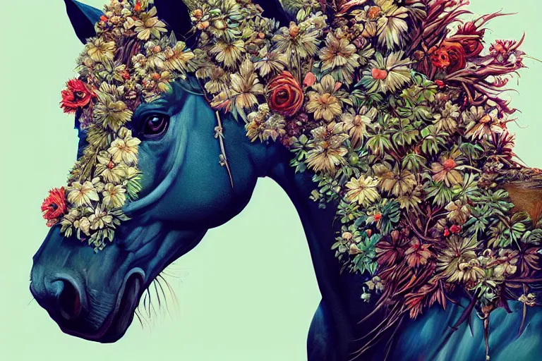 Image similar to a stunning horse made of plants by sandra chevrier and greg rutkowski, high key lighting, volumetric light, digital art, highly detailed, fine detail, intricate, ornate, complex, octane render, unreal engine, photorealistic