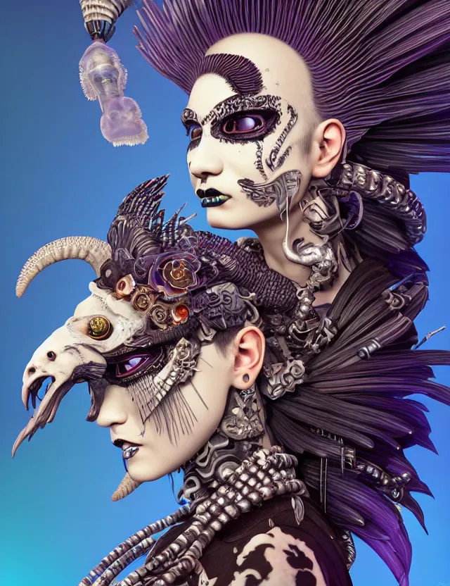 Image similar to 3 d goddess close - up profile portrait punk with mohawk in victorian style with ram skull. beautiful intricately detailed japanese crow kitsune mask and clasical japanese kimono. betta fish, jellyfish phoenix, bio luminescent, plasma, ice, water, wind, creature, artwork by tooth wu and wlop and beeple and greg rutkowski