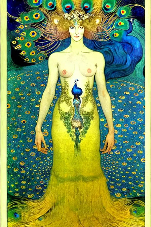 Prompt: the vision of the universal peacock by kay nielsen, john bauer, james c. christensen, and vincent van gogh, symbolist, visionary