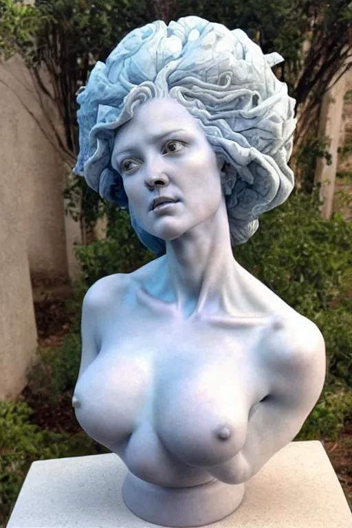Image similar to realistic marble bust of a beautiful woman on a pedestal, by wayne barlowe, peter mohrbacher, kelly mckernan, james o barr