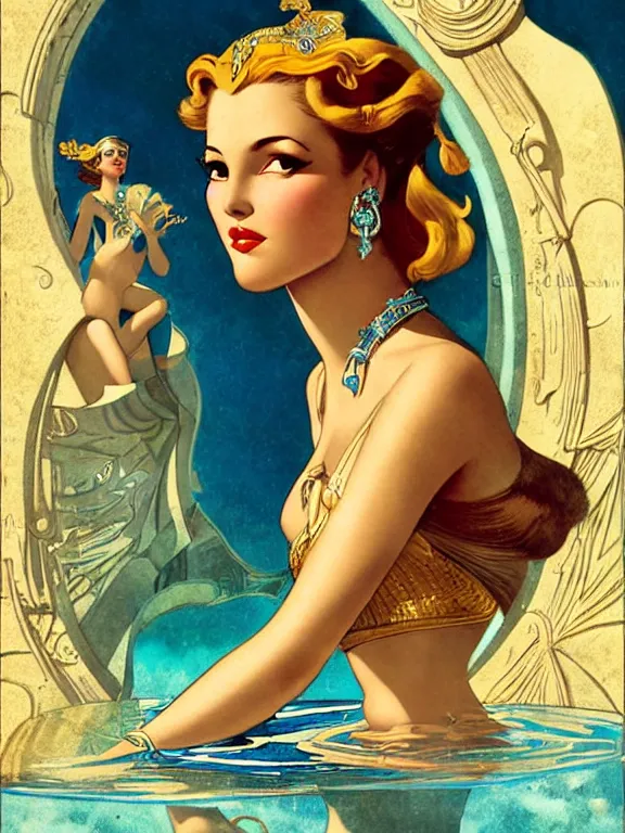 Prompt: princess kida the high queen of ancient atlantis, a beautiful art nouveau portrait by Gil elvgren, beautiful underwater city environment, centered composition, defined features, golden ratio, silver jewelry, stars in her gazing eyes