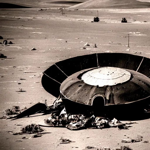 Image similar to crashed shattered burning UFO broken flying saucer in pieces strewn across a rocky desert, with a sad Roswell grey alien trying to repair his destroyed shattered spacecraft in the desert, crashed smoking UFO on fire, crashed bent and broken Flying Saucer in flames, dusk, Nikon photo