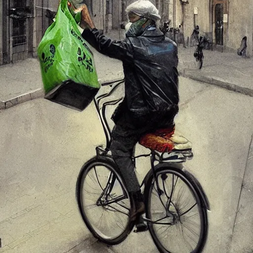 Image similar to a food delivery guy on his bicycle wearing a big green bag at the streets of Lisbon, art by Greg Rutkowski