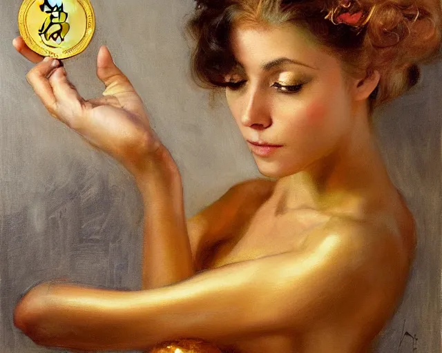 Image similar to attractive woman holding a golden bitcoin, commerial painting by annie liebovitz, gaston bussiere, craig mullins, j. c. leyendecker, 8 k