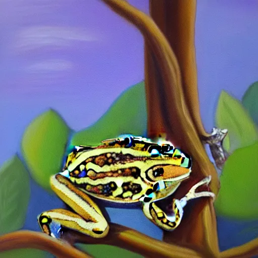 Image similar to beautiful oil painting of common frog sitting on a tree, day light, sunlight swamp, award - winning, matte,