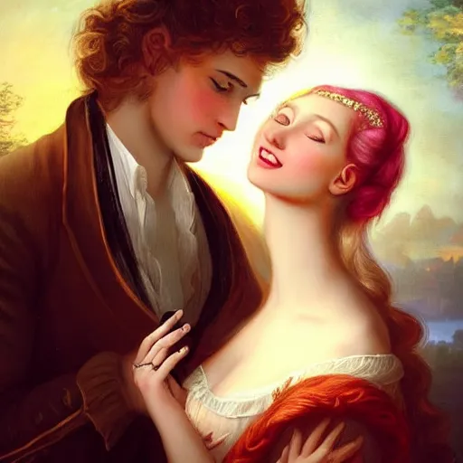 Image similar to A vintage rococo painting Charlie Bowater and Gabrielle Ragusi by Salvador Dalle Lisa Frank :: He always knew she was the one :: dapper man handsome with beautiful hair and brown eyes, a smile to take your breath away. Cute and mine from the first meeting until the end of time :: hd - H 960