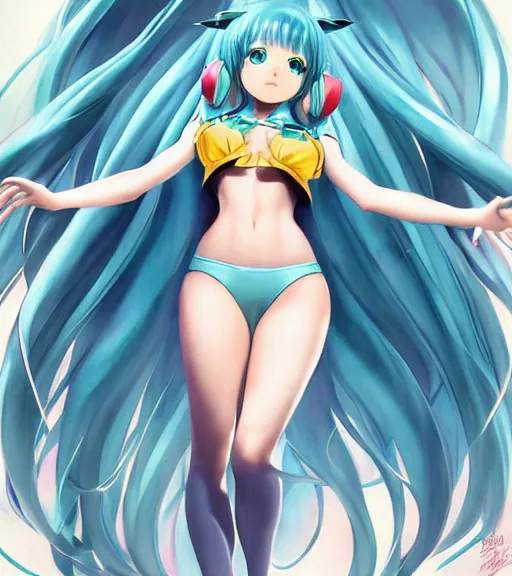 Prompt: Anime art of beautiful Hatsune miku with beautifel legs by artgerm, rossdraws, magali villeneuve, Gil Elvgren, Alberto Vargas, Earl Moran,, Art Frahm, Enoch Bolles, feminine figure