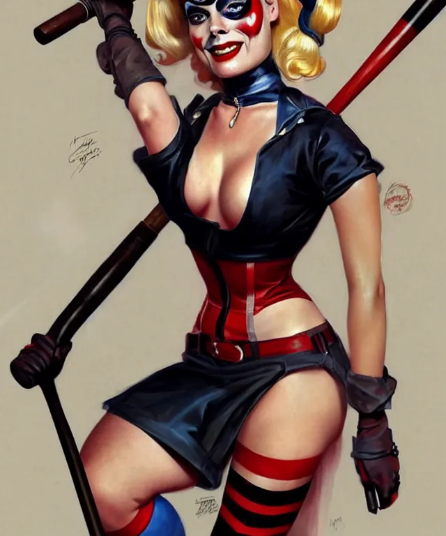 Prompt: 1940's pin-up Margot Robbie as Harley Quinn, fully dressed, with baseball bat, highly detailed, digital painting, artstation, concept art, smooth, sharp focus, illustration, art by artgerm and greg rutkowski and alphonse mucha