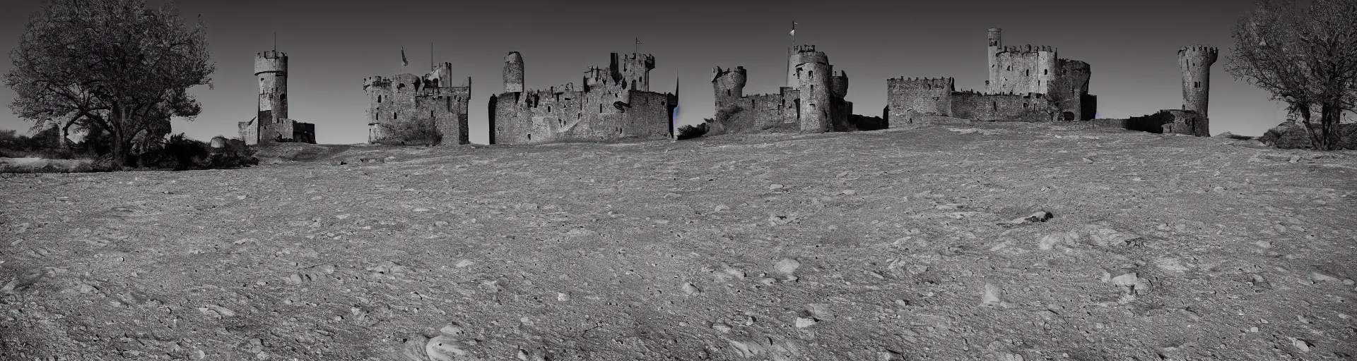 Image similar to landscape photography of the lunar surface with a spooky medieval castle tower on the far left