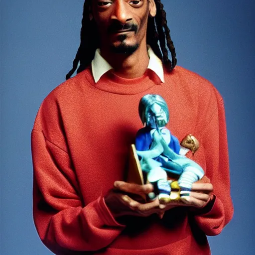 Prompt: Snoop Dogg holding a small statue of Snoop Dogg for a 1990s sitcom tv show, Studio Photograph, portrait, C 12.0