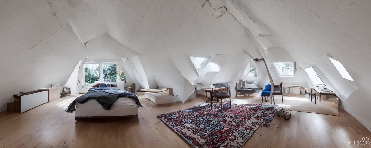 Prompt: 1.7 metre low attic, with matte white angled ceiling, with 2 rectangular windows opposing each other, with a large square window in the back right corner of the room, with exquisite turkish and persian rugs on the polished plywood floor, XF IQ4, 150MP, 50mm, F1.4, ISO 200, 1/160s, natural light