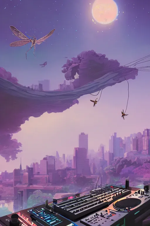 Prompt: A giant DJ mixer artwork by Tomer Hanuka Rendering with an giant dragonfly flying over it. full of details, by Makoto Shinkai and thomas kinkade, Matte painting, trending on artstation and unreal engine