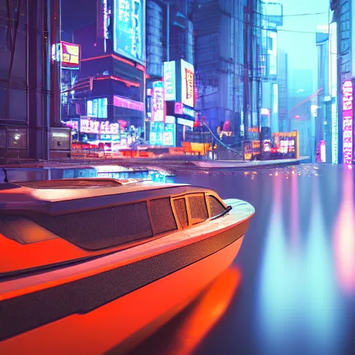 Image similar to cyberpunk flooded rainy south korea, seoul, boat, reflections, cinematic lighting, photorealistic, trending on artstation, storefronts made of neon lights, hyper realistic rendering photography, unreal 5 engine render, ultra wide angle, long shot, 8 k