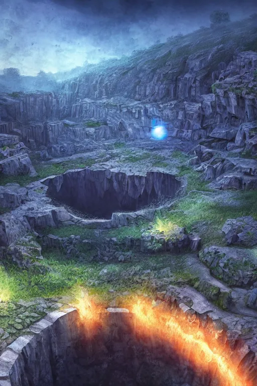 Image similar to the blackhole quarry, fantasy, magic, 4 k, ultra realistic, celshaded art