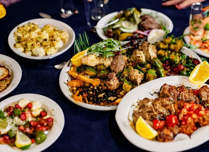 Image similar to dslr food photograph of mediterranean dinner spread, 8 5 mm f 1. 8