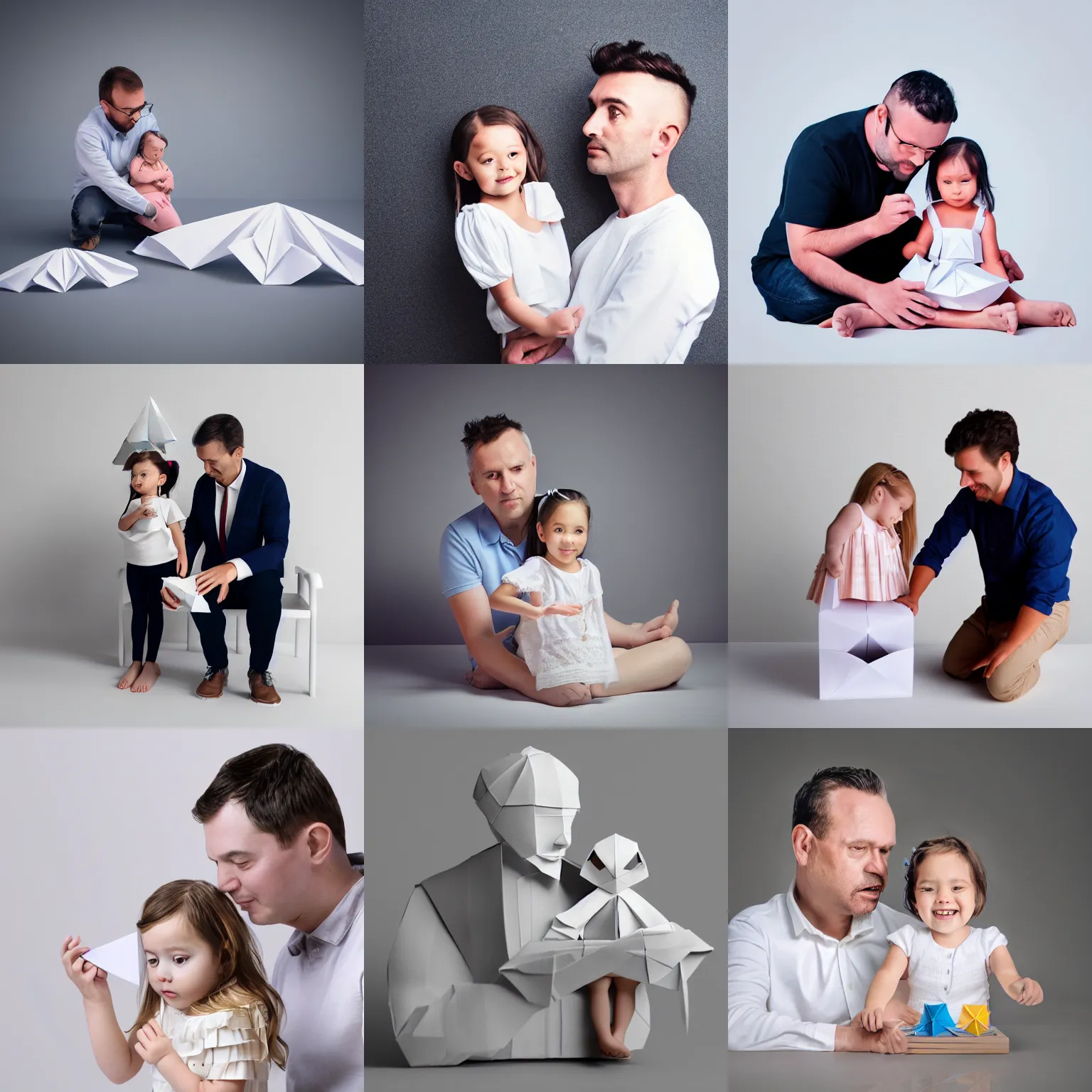 Prompt: father and his toddler daughter in white paper, 3 d render, origami, ultra - detailed, on white background, studio shot