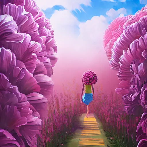 Prompt: giant carnation flower as head, a woman walking between luxury apartments, surreal photography, sunlight, impressionist painting, digital painting, artstation, simon stalenhag
