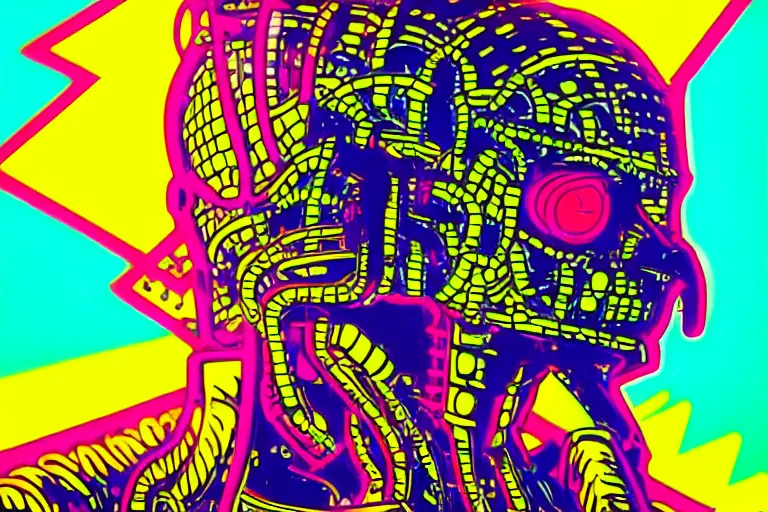Image similar to pop art of a giant cyberpunk demon god, bright neon colors, intricate details, complementary colors, detailed face, backlighting, octane render, depth of field, extremely detailed, trending in artstation, focus on face, sharp focus, radiant light, beautiful composition, drawn by roy lichtenstein, keith haring, romero britto