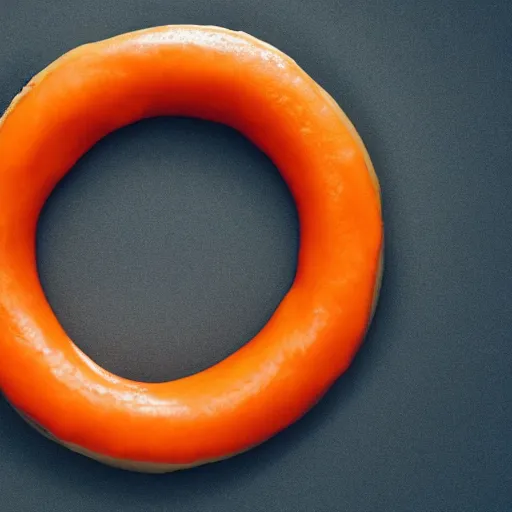 Prompt: Perfectly circular donut!!!!! in the style and shape of an orange!!!!!!, blended colors!!!!!, trending on artstation, 4k, 8k, professional photography, overhead shot, 35mm lens