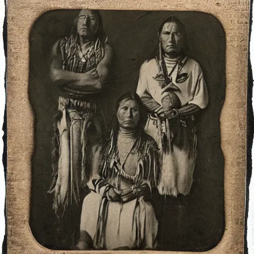 Image similar to Precolumbian America, Native American tribesmen, tribeswomen, tintype photograph, 1250 AD photograph