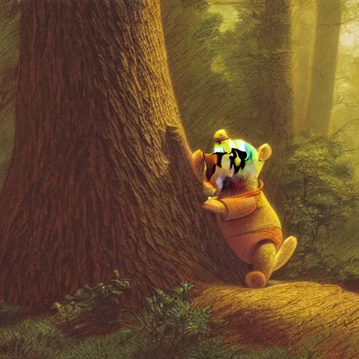 Image similar to highly detailed portrait of winnie the pooh ((winnie the pooh)) near a giant fallen sequoia tree. Fog. Painting by Caspar David Friedrich,Caravaggio, 4k, sepia tone