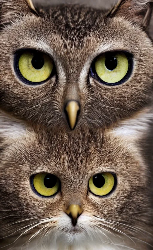 Image similar to half cat, half owl, big cute eyes, realism, photo, 8k, detailed, high quality