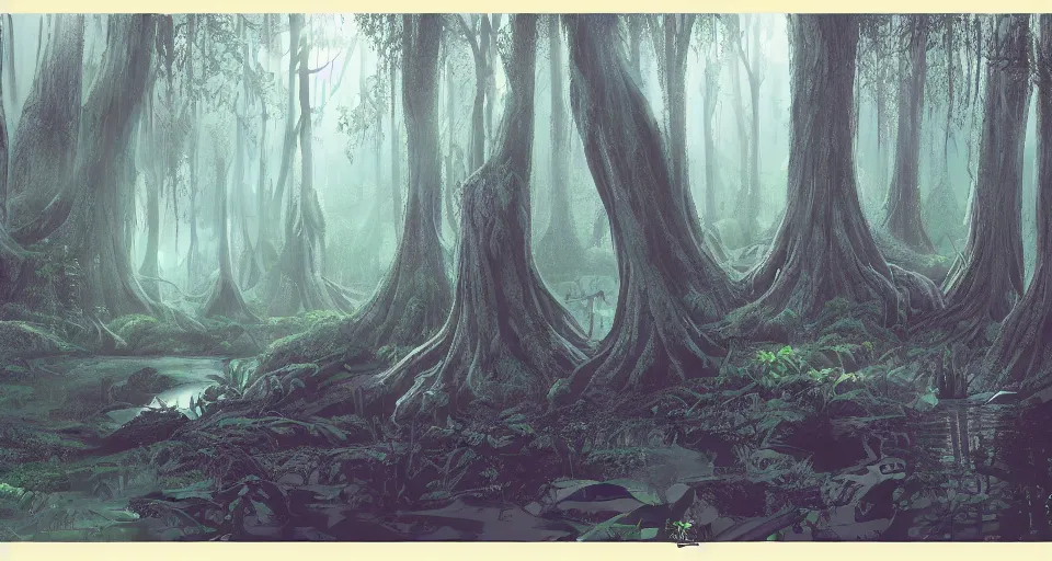 Prompt: A dense and dark enchanted forest with a swamp, by Disney Concept Artists