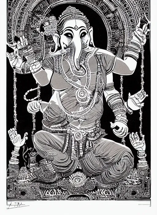 Image similar to black ink line art drawing, 6 armed ganesh dancing holding an old school boombox, high details, intricately detailed, by vincent di fate, artgerm julie bell beeple, inking, 1 9 9 0 s, vintage 9 0 s print, screen print