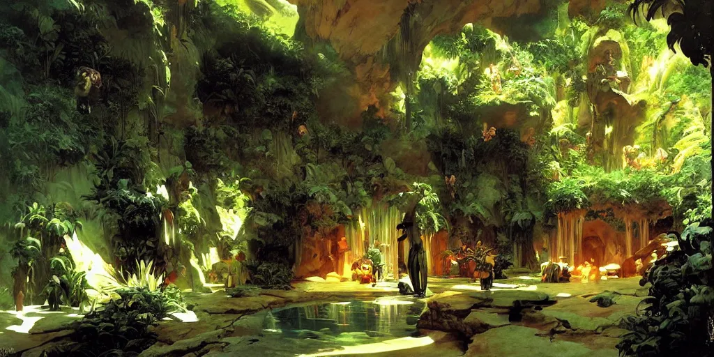 Image similar to a tropical cave that renovate as a luxury interior by syd mead, frank frazetta, ken kelly, simon bisley, richard corben, william - adolphe bouguereau