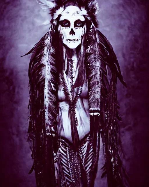 Image similar to lady native sisters ghost - spirit of the grim - warpaint wears the scarlet skull armor and native blood headdress feathers, midnight fog - mist!, cinematic lighting, various refining methods, micro macro autofocus, ultra definition, award winning photo, photograph by ghostwave - gammell - giger - shadowlord