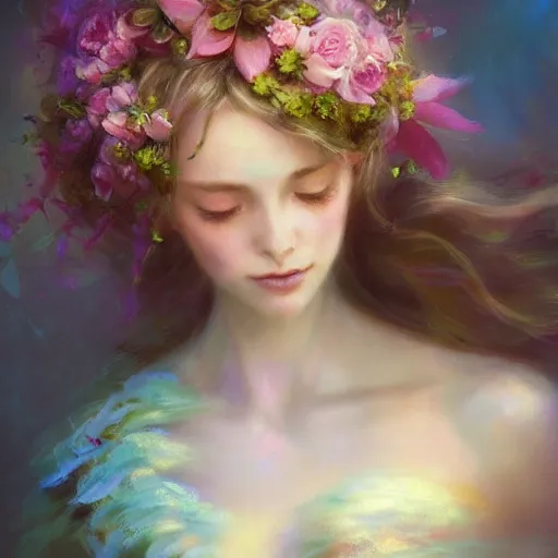 Prompt: flower goddess, pastel colors, pearlescent, fantasy, featured on artstation, in the style of daniel gerhartz and krenz cushart, Alexis Franklin, Thomas River, WLOP, Artgerm