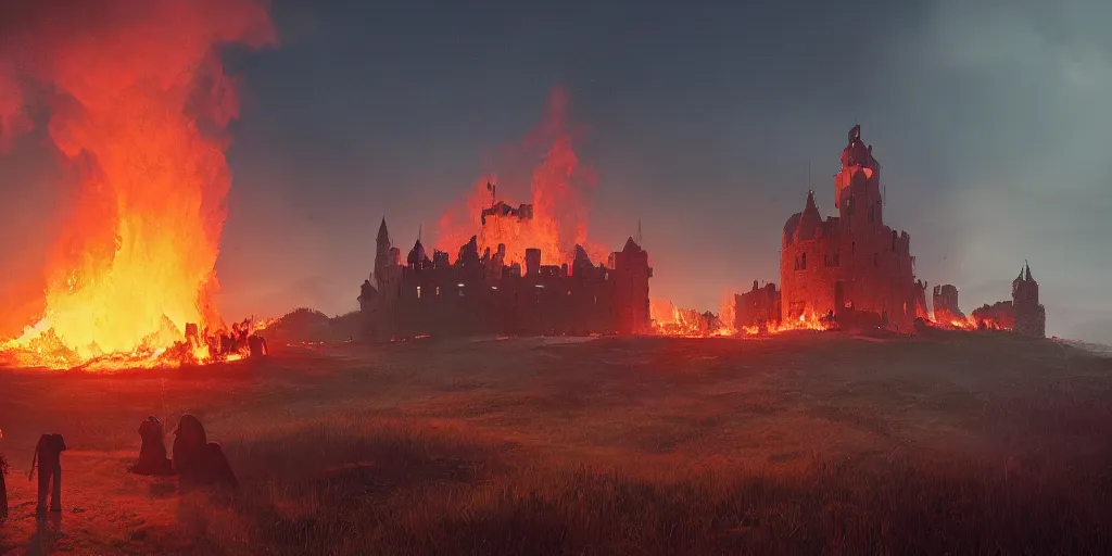 Prompt: a royal medieval castle on fire, on top of a hill, burning down, intense flames, center focus, landscape by simon stalenhag, rendered by beeple, by makoto shinkai, digital art