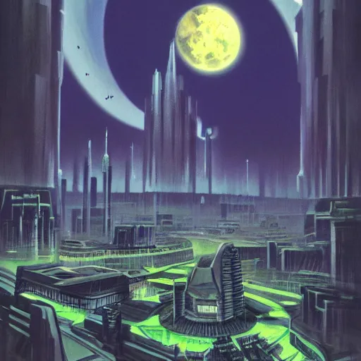 Prompt: futuristic city that orbits a desolate moon and lush planet, concept art, pulp novel cover