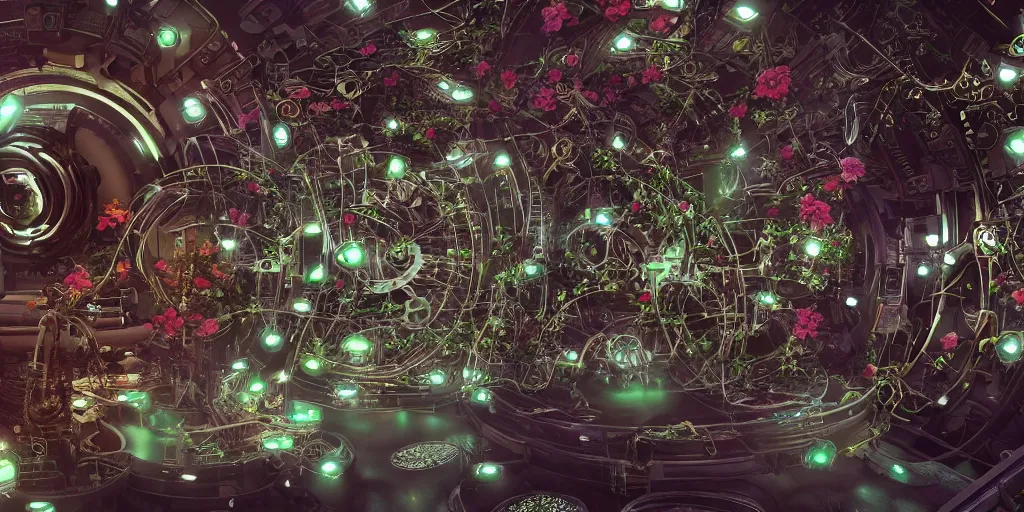 Image similar to a lovely mechanical cornucopia of flowers, sci-fi futuristic, utopian, machine parts, wires, circuits, highly detailed, octane render, cinematic