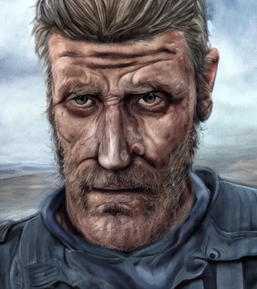 Image similar to portrait of muscular, tired and alcoholic 3 0 - year - ol 5 grieving man with short darkblonde hair, serious sad look in his eyes, looking down, dirty beard, blue eyes, crying tears, wearing dirty soldier uniform, on the desert, sad atmosphere, hyper realistic face, character art, art by mark brooks, cryengine, trending on artstation, digital art