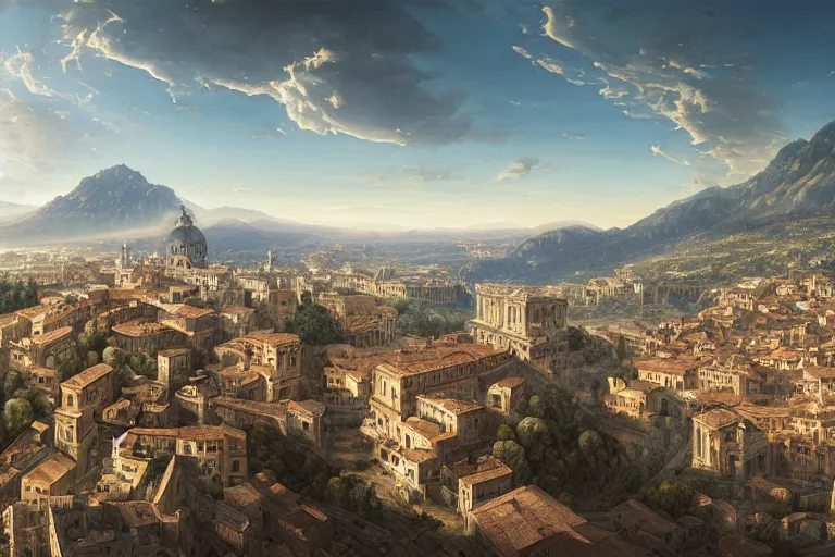 Image similar to an ultra detailed matte landscape painting of an italian renaissance capital city built on top of a large hill sweeping vista, italian renaissance architecture, ultrawide lense, aerial photography, 8 k, volumetric lighting, smooth, highly detailed, digital illustration, art by greg rutkowski and akira toriyama and artgerm