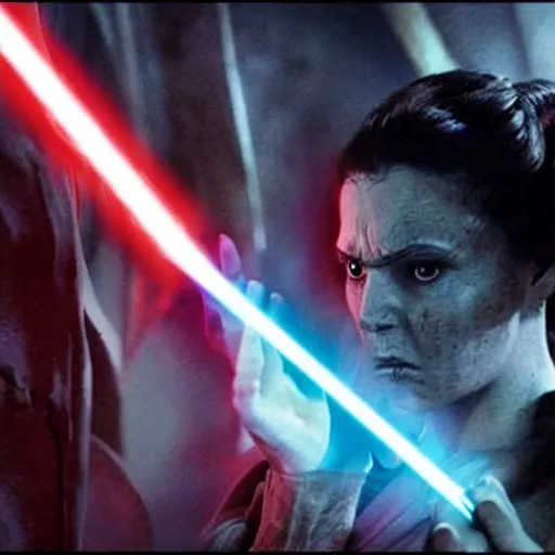 Prompt: evil mutant corrupted rey, using the force to kill, sith lord, dark side, cinematic movie image, both hands raised to use the force, yellow eyes, hd star wars photo