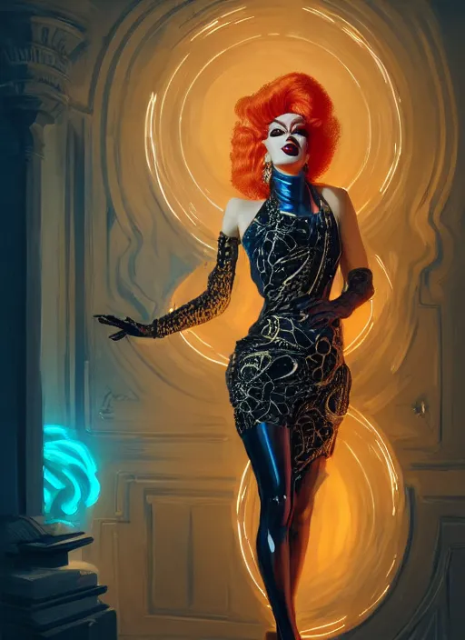 Prompt: portrait of a glam rockstar drag queen genius in drag brainstorming, futurist style, intricate baroque detial, elegant, glowing lights, highly detailed, digital painting, artstation, concept art, smooth, sharp focus, illustration, art by wlop, mars ravelo and greg rutkowski