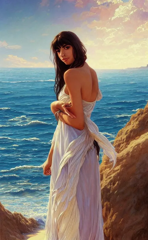 Prompt: a beautiful hannah simone wearing a sundress on the beach, d & d, fantasy, intricate, elegant, highly detailed, digital painting, artstation, concept art, matte, sharp focus, illustration, art by artgerm and greg rutkowski and alphonse mucha