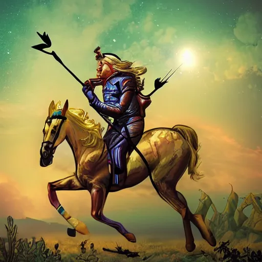 Prompt: arrows struck astronaut riding a horse in a fantasy forest, landscape, cinematic, digital art, front lit, epic, cinematic