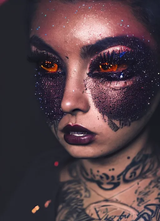 Image similar to a streetwear Studio Trigger style mixed woman wearing thick mascara, crying, a city on fire in the background, police lights shine on her face, tattoos, dark glitter, Cinestill 50d, 4k, 8k, hd, full color, octane render, trending on artstation, highly detailed