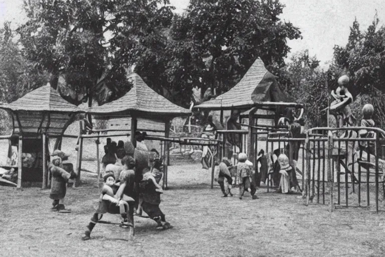 Image similar to a very old photo of kids having fun at playground in medieval times