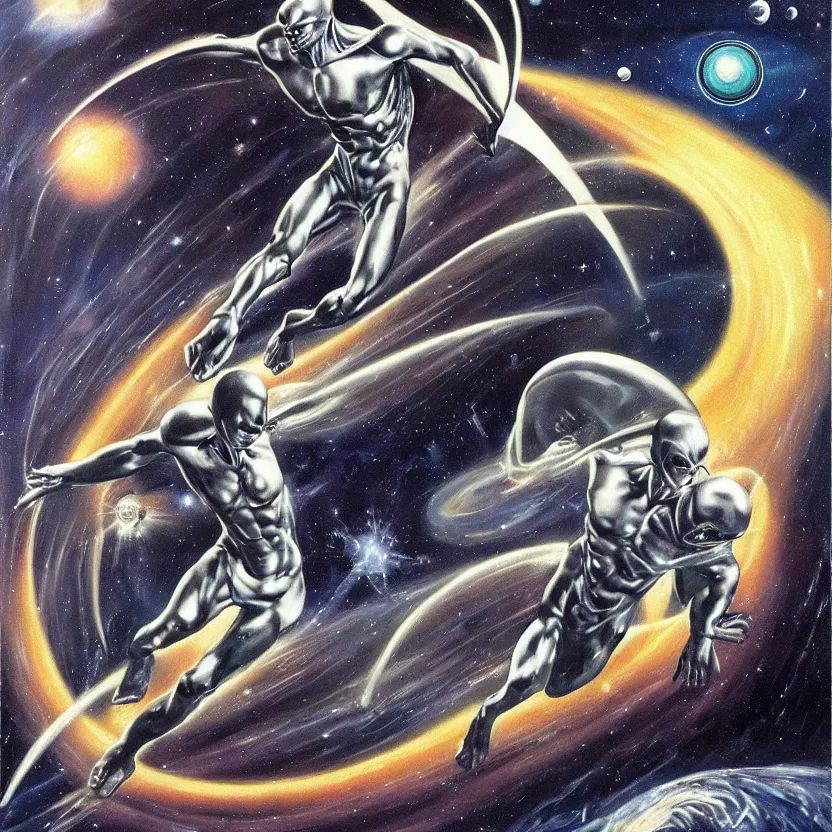 Image similar to alien silver surfer surfing by planets in space. action shot. pulp sci - fi art for omni magazine. high contrast. baroque period, oil on canvas. renaissance masterpiece.