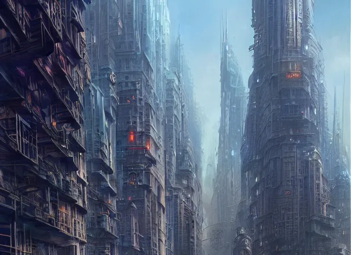 Image similar to a painting of a city with a lot of tall buildings, a detailed matte painting by stephan martiniere, cgsociety, fantasy art, steampunk, matte painting, matte drawing