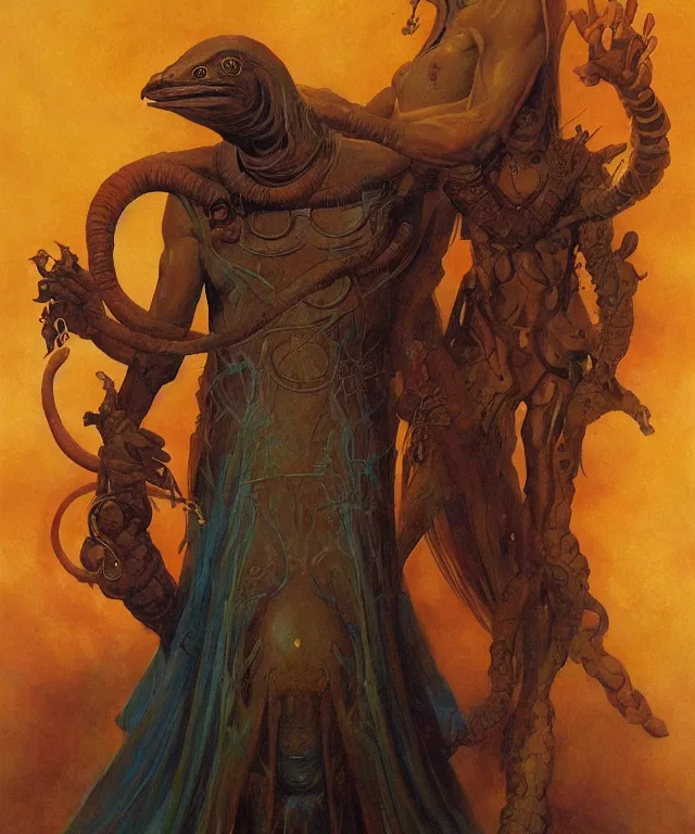 Image similar to horus with man ’ s body, glowing fiery background, in the style of peter mohrbacher, wayne barlowe, gustav moreau, bussiere, roberto ferri, santiago caruso, luis ricardo falero, austin osman spare, colorful