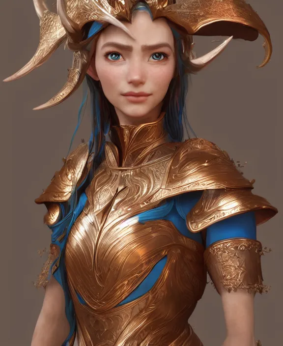 Image similar to a regal elf with long blue windswept hair in a rose gold breastplate, 3 d render by mandy jurgens, artgerm, and lu ji, centered, artsation contest winner, cgsociety, fantasy art, cryengine, concept art, photorealism, daz 3 d, sketchfab, zbrush, vray